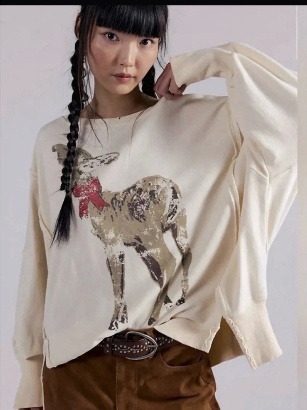 We The Free Cream Deer Graphic Pullover with Red Bow